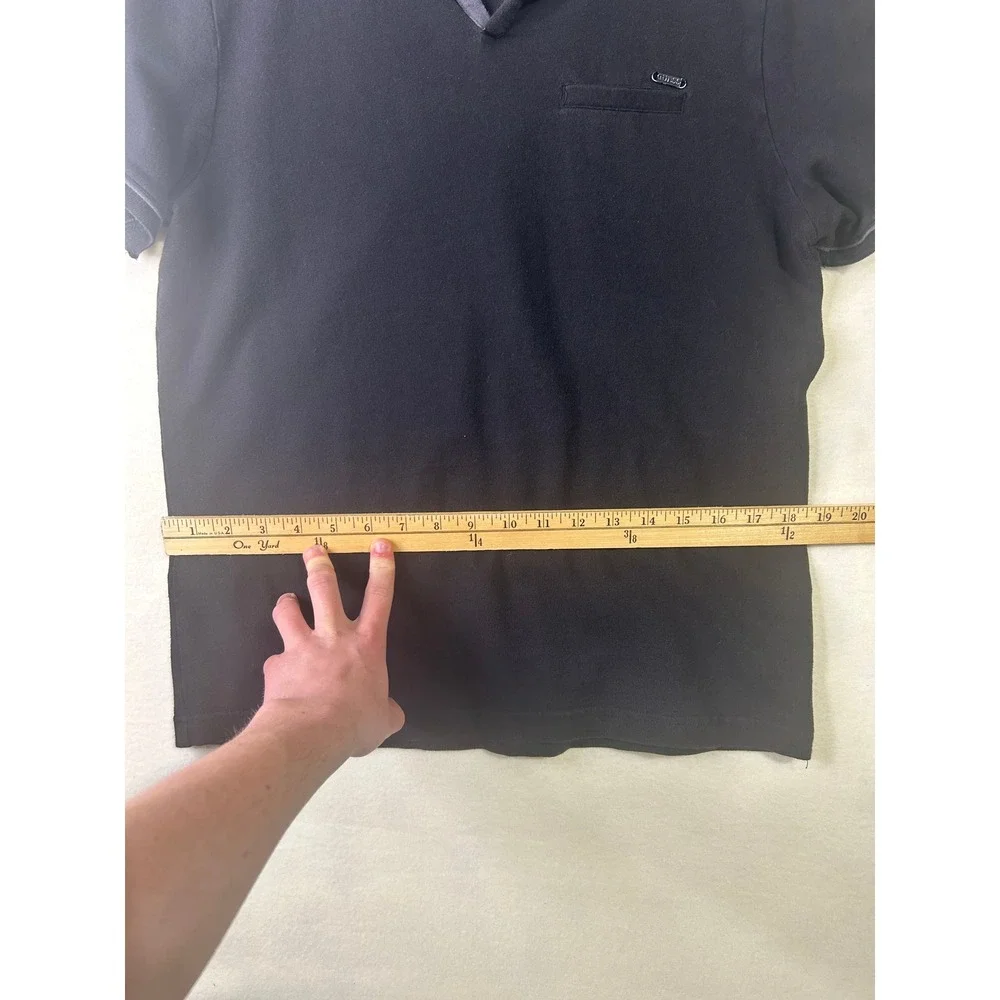 Guess Mens Large Black V-Neck Polo Shirt Short Sleeve Grey Contrast Trim Pique